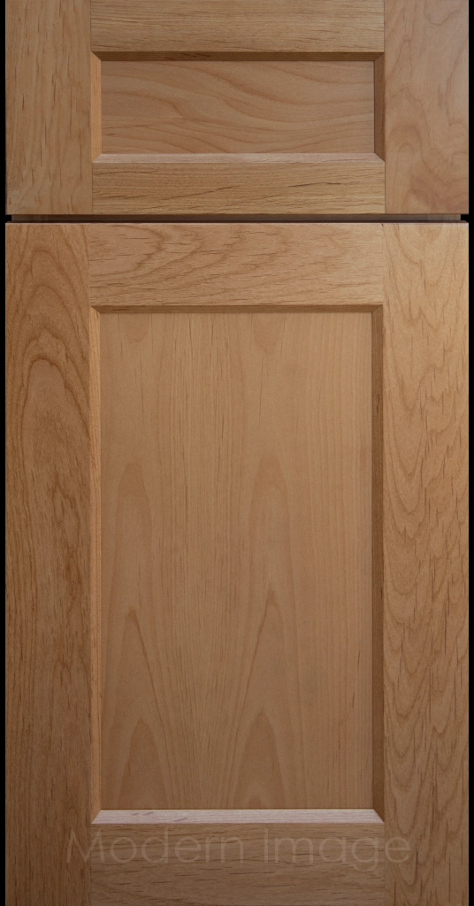 Laguna Honey-stained painted Shaker kitchen cabinet door with wide rails, inside profile and flat center panel.